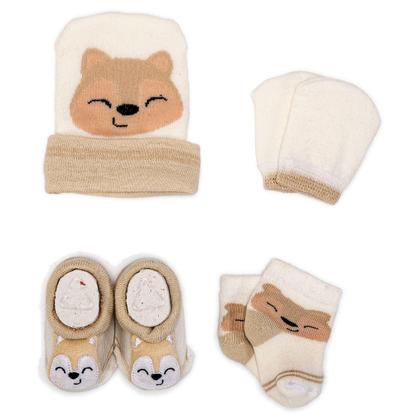 Imagem de Kit 4 Enxoval Touca Luva Meia e Pantufa Bebê Recém Nascido Menino