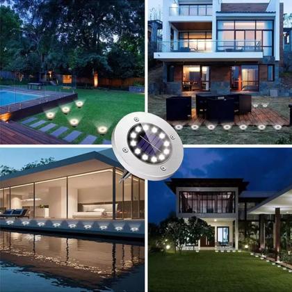 Imagem de Kit 4 Espeto de jardim solar 12 leds fotocélula inox à prova dágua disco de iluminação spot para grama chão área externa