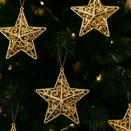 Imagem de Kit 4 Estrelas Natal Tridimensional Arabesco Lisa Dourada 11cm - Magizi