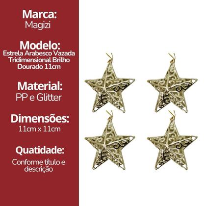 Imagem de Kit 4 Estrelas Natal Tridimensional Arabesco Lisa Dourada 11cm - Magizi