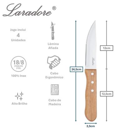 Imagem de Kit 4 Facas Jumbo de Churrasco Laradore Inox e Cabo Madeira