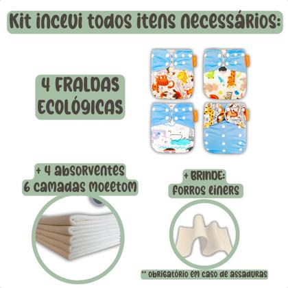 Imagem de Kit 4 Fralda Ecológica Reutilizável De Pano + 4 Absorvente