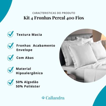 Imagem de Kit 4 Fronhas Percal 400 Fios com 3 Abas para Travesseiro 50x70cm