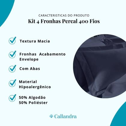 Imagem de Kit 4 Fronhas Percal 400 Fios com 3 Abas para Travesseiro 50x70cm