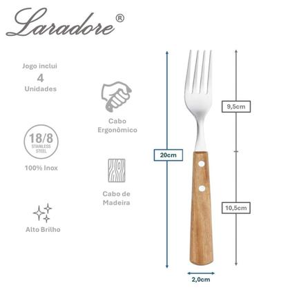 Imagem de Kit 4 Garfos de Mesa Laradore - Aço Inox e Cabo de Madeira
