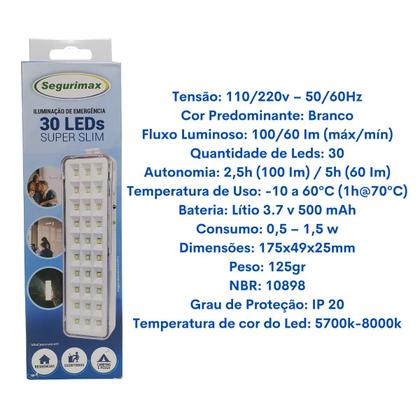 Imagem de Kit 4 Iluminação Luminaria de Emergencia 30 Leds Super Slim Segurimax