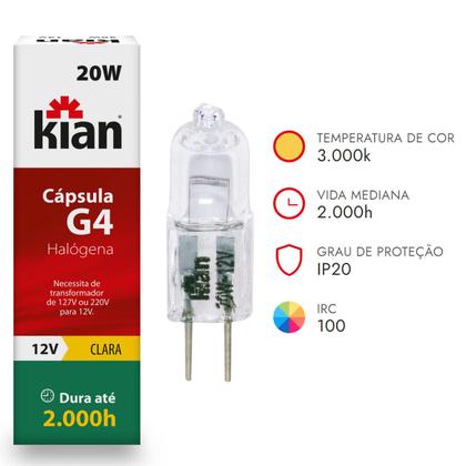 Imagem de Kit 4 Lâmpada Coifa Bipino Capsula Halogena G4 12v 20w Kian