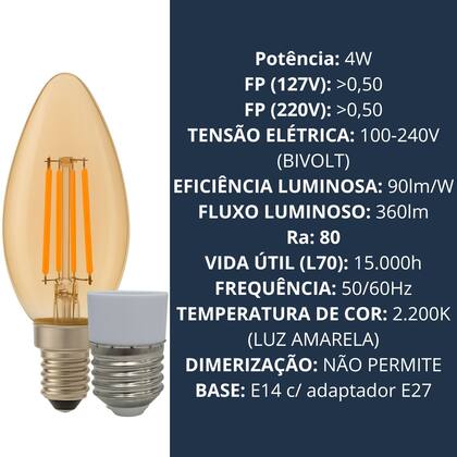 Imagem de Kit 4 Lâmpadas Filamento LED C35 Decorativa Retrô Vintage Âmbar Bivolt Luminarte