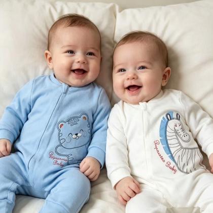 Imagem de Kit 4 Macacão Bebe Bordado Vira Pe Com Zíper em Malha Suedine Menina Menino