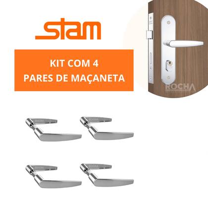 Imagem de Kit 4 Maçaneta Cromada Alavanca Para Fechadura Porta Tamanho Universa Stam
