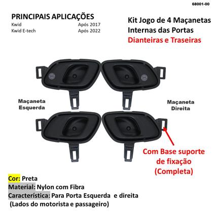 Imagem de Kit 4 Maçanetas Internas Porta Renault Kwid Preta Completa