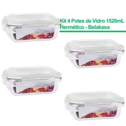 Imagem de Kit 4 Marmita De Vidro 1520ML C/ Tampa Hermética Retangular