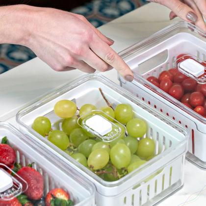 Imagem de KIT 4 Organizadores de Geladeira com Escorredor Interno, 2,2 L - Caixa Plástica para Legumes, Saladas