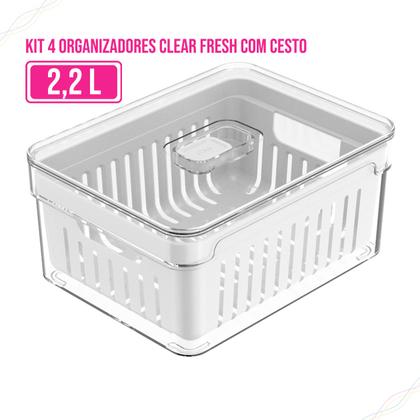 Imagem de KIT 4 Organizadores de Geladeira com Escorredor Interno, 2,2 L - Caixa Plástica para Legumes, Saladas