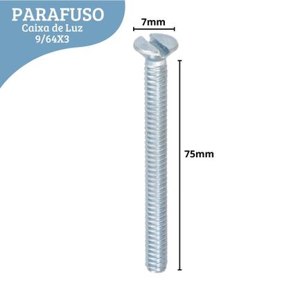 Imagem de Kit 4 Parafuso Caixinha De Luz Aço 75mm Caixa De Tomada Energia 9/64X3 Reparo Instalação Fixação