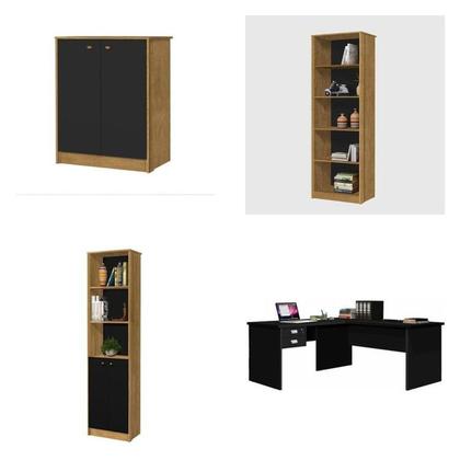 Imagem de Kit 4 Peças com 1 Mesa L 1 Armário 1 Estante Uma Porta 1 Estante 2 Portas