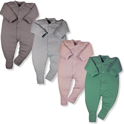 Imagem de Kit 4 Peças Macacão Bebe Macio Canelado Liso Vira Pé Menino Menina