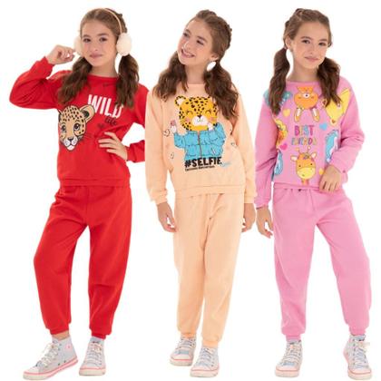 Imagem de Kit 4 Peças Moletom Roupa Menina Infantil com estampas fofas 2 Casacos 2 Calças infantil menina kit moletom