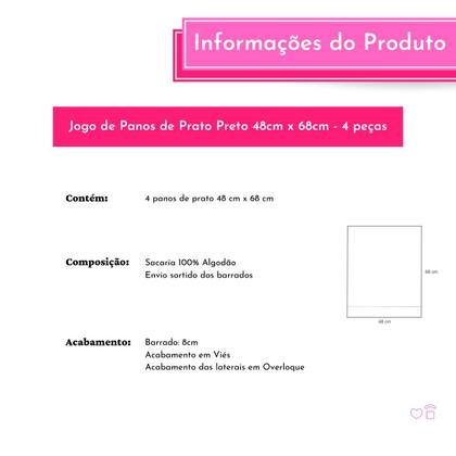 Imagem de Kit 4 Peças Pano de Prato Preto 100% Algodão Pé de Galinha 48cmx68cm com Barrado Patchwork Sortidos