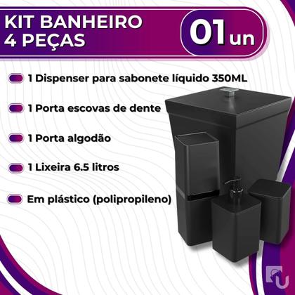 Imagem de Kit 4 Peças Para Banheiro Linha Smile Plástico Lixeira Porta Dispenser Algodão Escova Sabonete Stolf