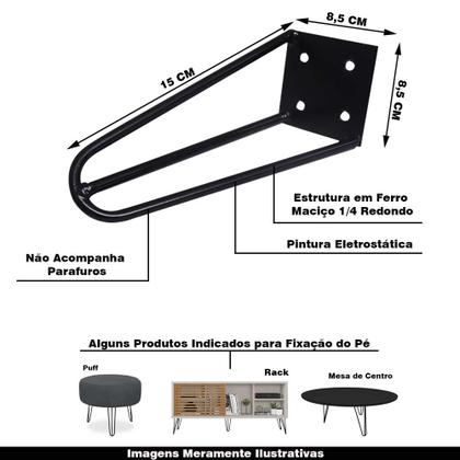 Imagem de Kit 4 Pés de Metal 15 CM Hairpin Legs Mesas de Centro Puffs Preto G41