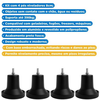 Imagem de Kit 4 Pés Geladeira Eletrodoméstico Rosca Máquina 5 16 8cm Nivelador Preto Fosco Polipropileno