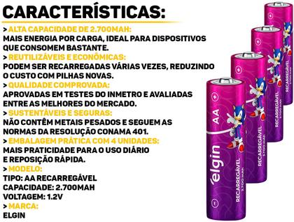 Imagem de Kit 4 Pilhas AA Elgin Recarregáveis 2700mAh Alta Duração P/ Câmeras Flash Controles E Muito Mais
