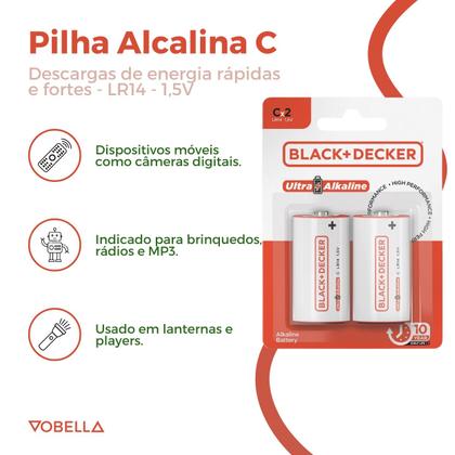 Imagem de Kit 4 Pilhas Alcalina C LR14 Médio 2 Cartelas Black+Decker