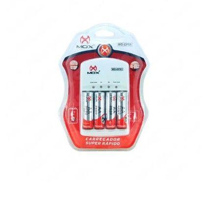 Imagem de Kit 4 Pilhas Palito AAA Recarregáveis Premium com Carregador Rápido Bivolt - Mox