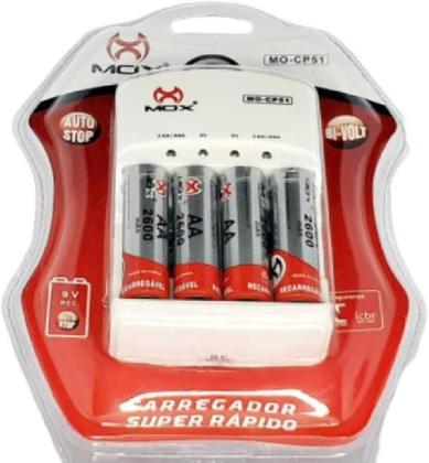 Imagem de Kit 4 Pilhas Palito AAA Recarregáveis Premium com Carregador Rápido Bivolt - Mox
