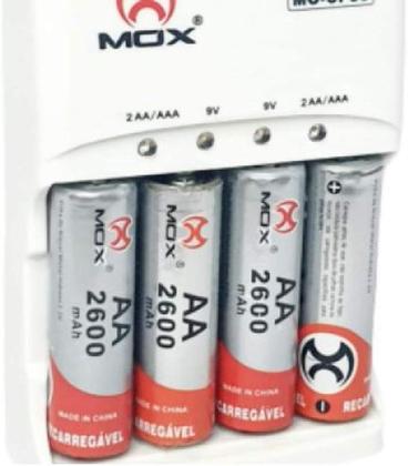 Imagem de Kit 4 Pilhas Palito AAA Recarregáveis Premium com Carregador Rápido Bivolt - Mox