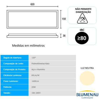 Kit 4 Plafon Retangular Sobrepor 15x60cm 20w Branco Neutro 4100K - Blumenau Iluminação Imagem de Kit 4 Plafon Retangular Sobrepor 15x60cm 20w Branco Neutro 4100K