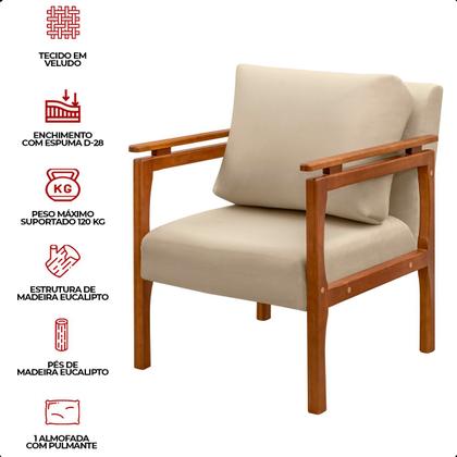 Imagem de Kit 4 Poltrona Sala Decorativa Dallas Estofada Veludo Bege Base Madeira Castanho 