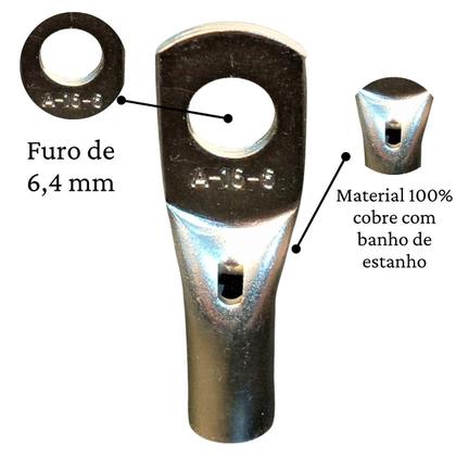 Imagem de Kit 4 Ponteiras Compressão Tubular 16mm M6 Terminal Olhal Cobre Estanhado Furo De 6mm Material Reforçado Resistente