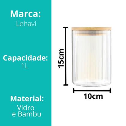 Imagem de Kit 4 Pote Hermético Mantimento Alimentos Cozinha Vidro Canelado Com Tampa Bambu 1l