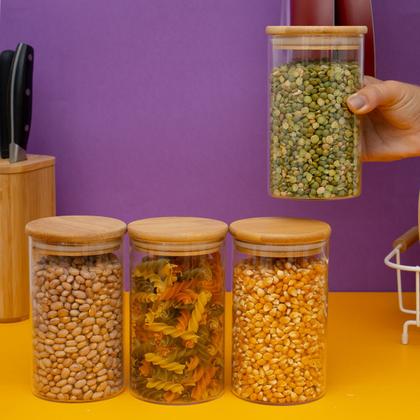 Imagem de Kit 4 potes de vidro 600ml tampa de bambu herméticos redondos - Tüd