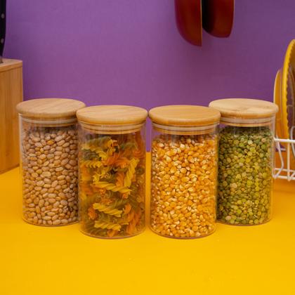 Imagem de Kit 4 potes de vidro 600ml tampa de bambu herméticos redondos - Tüd