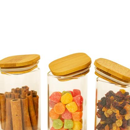 Imagem de Kit 4 Potes de Vidro Tampa Bambu Quadrado Flat 250ml Oikos