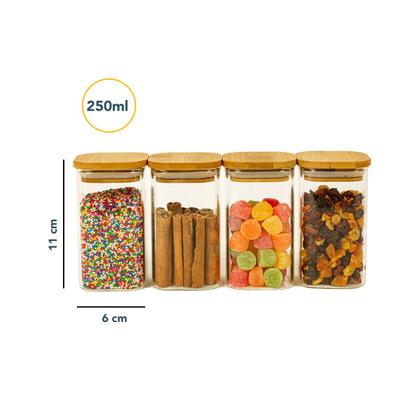 Imagem de Kit 4 Potes de Vidro Tampa Bambu Quadrado Flat 250ml Oikos