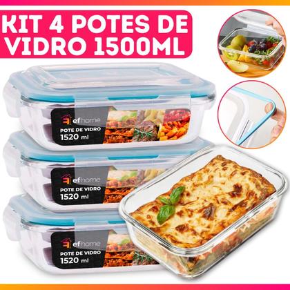 Imagem de Kit 4 Potes Herméticos Retangular Vidro Freezer Microondas Com Tampa Transparente 1500ML