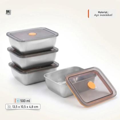 Imagem de Kit 4 Potes Inox 500ml Tampa Hermética Marmita Organizador
