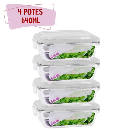 Imagem de Kit 4 Potes Tampa Hermetica 4 Travas Retangular Vidro 640ml