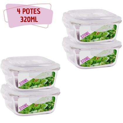 Imagem de Kit 4 Potes Tampa Hermetica Quadrado de Vidro 320ml Alimento