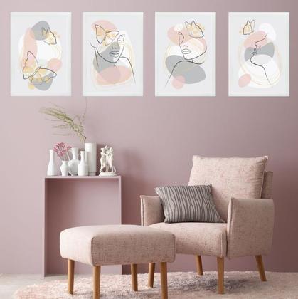 Imagem de Kit 4 Quadros Borboletas Abstratas Rosa e Cinza 24x18cm - com vidro