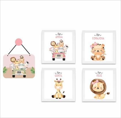 Imagem de kit 4 Quadros Decorativos  Safari Moldura e1 Enfeite Porta - Menina E Menina - Crianças Quarto de Bebê