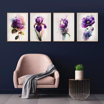 Imagem de Kit 4 Quadros Flores Roxas Aquarela 24x18cm - com vidro
