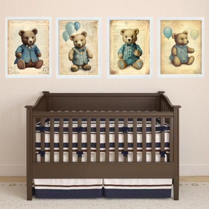 Imagem de Kit 4 Quadros Quarto Bebê Ursos Vintage 45x34cm - com vidro