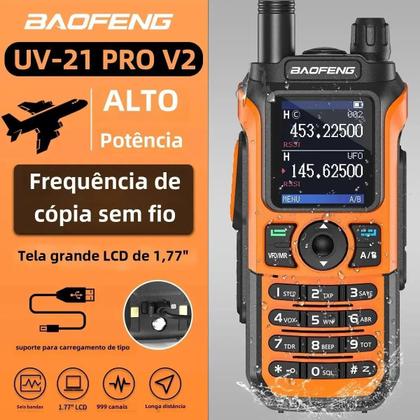 Imagem de Kit 4 Rádios Baofeng UV21 Tri Band Walkie Talk à Prova d'água Display 1.77” Polegadas Longo Alcance com carregador