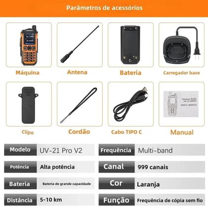 Imagem de Kit 4 Rádios Baofeng UV21 Tri Band Walkie Talk à Prova d'água Display 1.77” Polegadas Longo Alcance com carregador