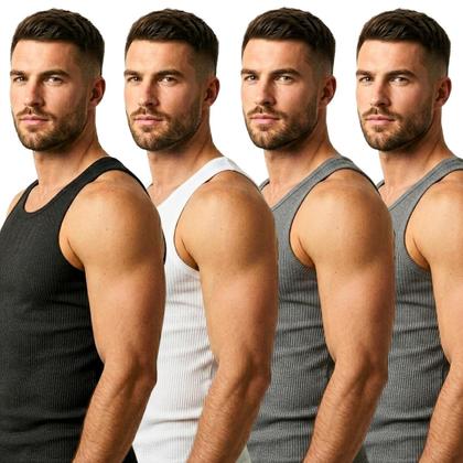 Imagem de Kit 4 Regata Masculina Ribana Canelada Slim Fit Estilo Americana Gringa Academia Fitness Premium